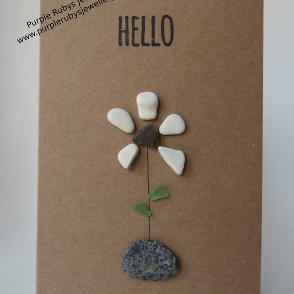 White Sea Pottery Flower in Stone Vase 'Hello' Card C305