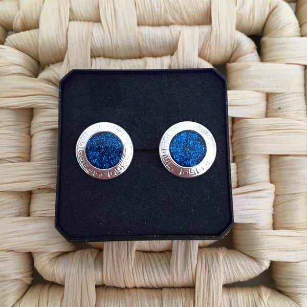 Scroll Edged Brilliant Blue Stud Earrings