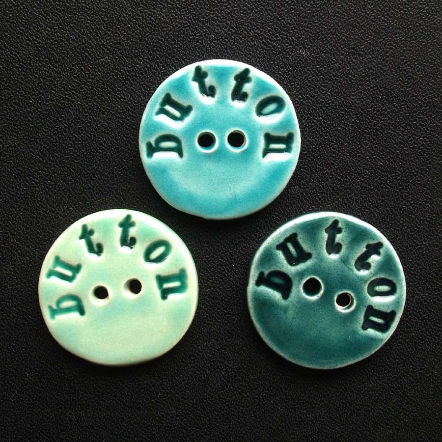 set of three large button text ceramic buttons 