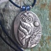 Silver Pewter Owl Pendant Necklace with Mother of Pearl