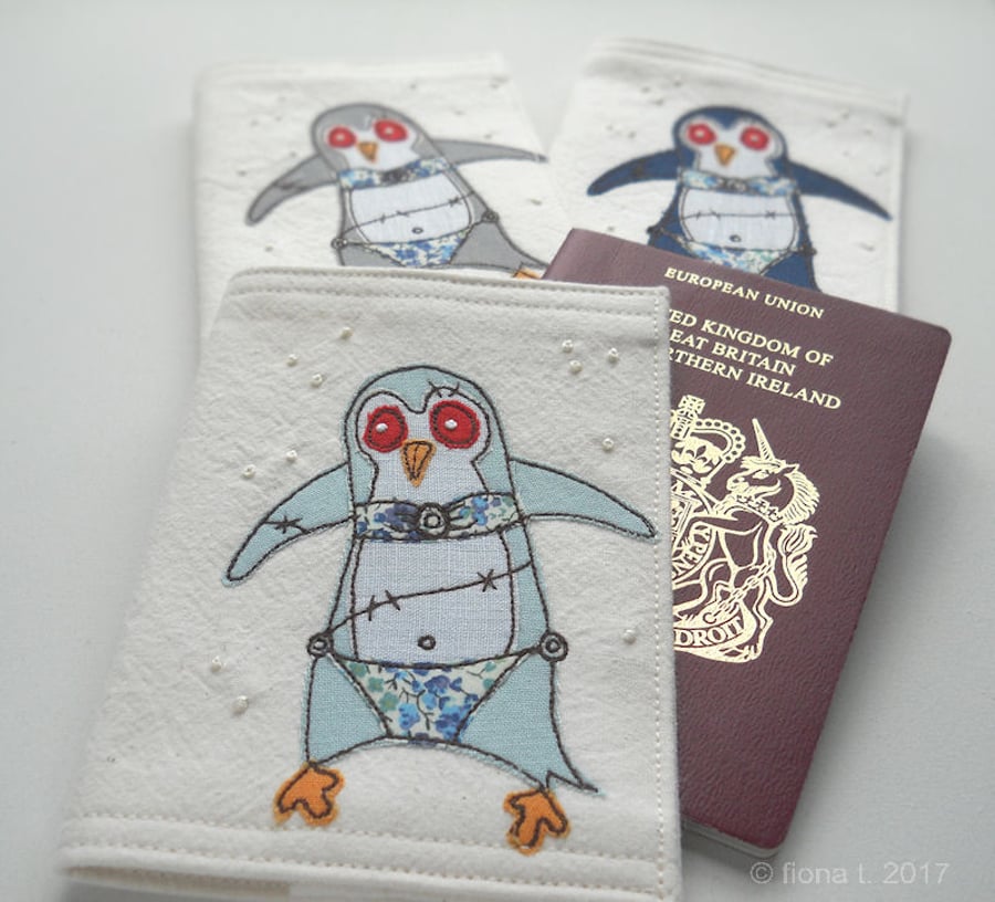 freehand embroidered zombie penguin passport cover