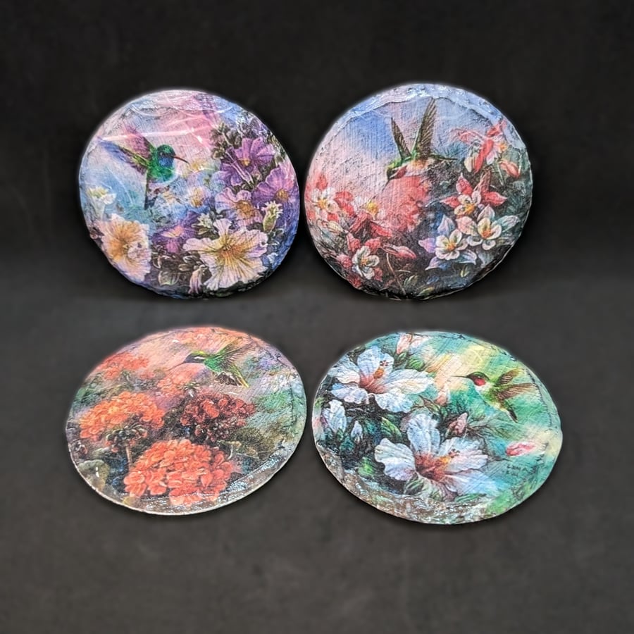 Set of four, decoupage, handcrafted, hummingbird and flowers slate coasters