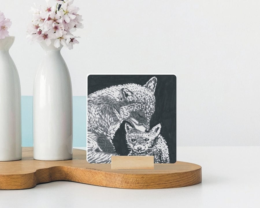 Fox and Cub Mini Ceramic Tile Art - Cute Mother's Day Gift - Unique Present
