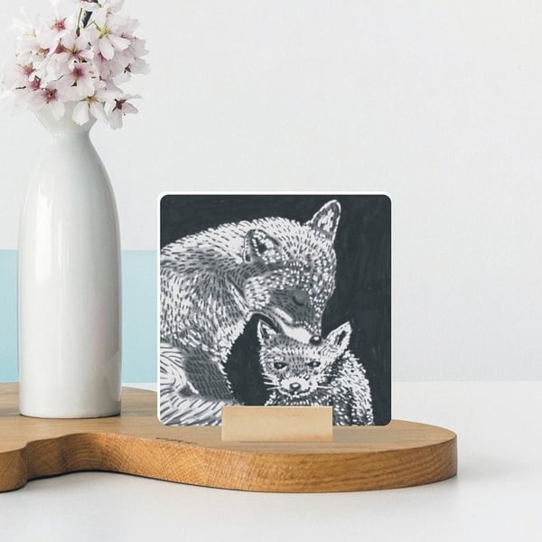 Fox and Cub Mini Ceramic Tile Art - Cute Mother's Day Gift - Unique Present