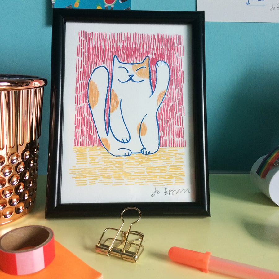 Maneki Neko Lucky Cat  mini Print - letterbox gift affordable art by Jo Brown