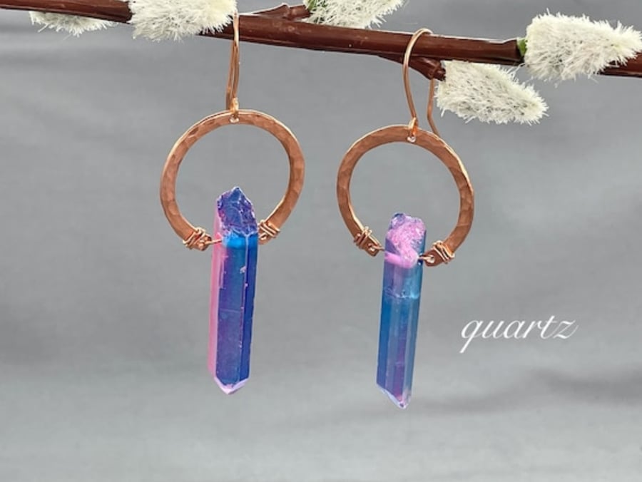 Rainbow Quartz Point Hammered Copper Rustic Boho Earrings