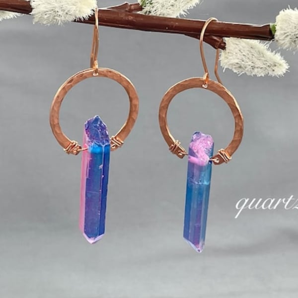 Rainbow Quartz Point Hammered Copper Rustic Boho Earrings