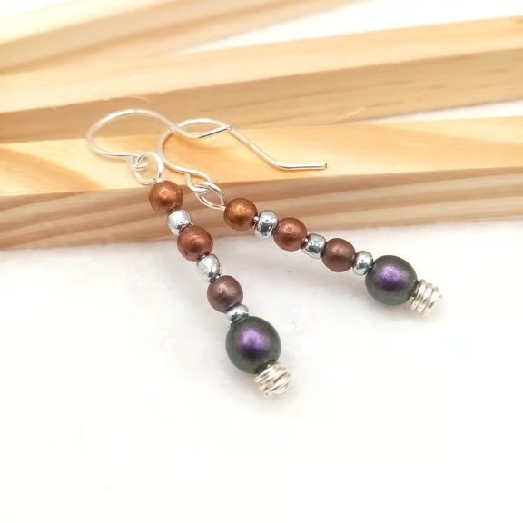 Czech Glass Bead Drop Earrings, Earthy Copper Coloured Glass Bead Earrings