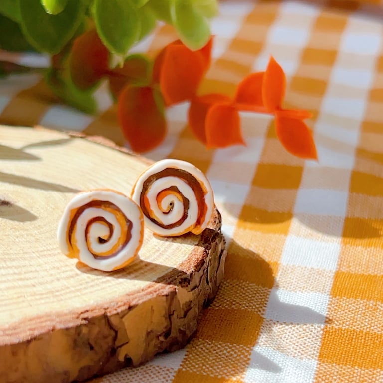 Cinnamon Roll Stud Earrings, Polymer Clay Food Jewellery, Handmade UK