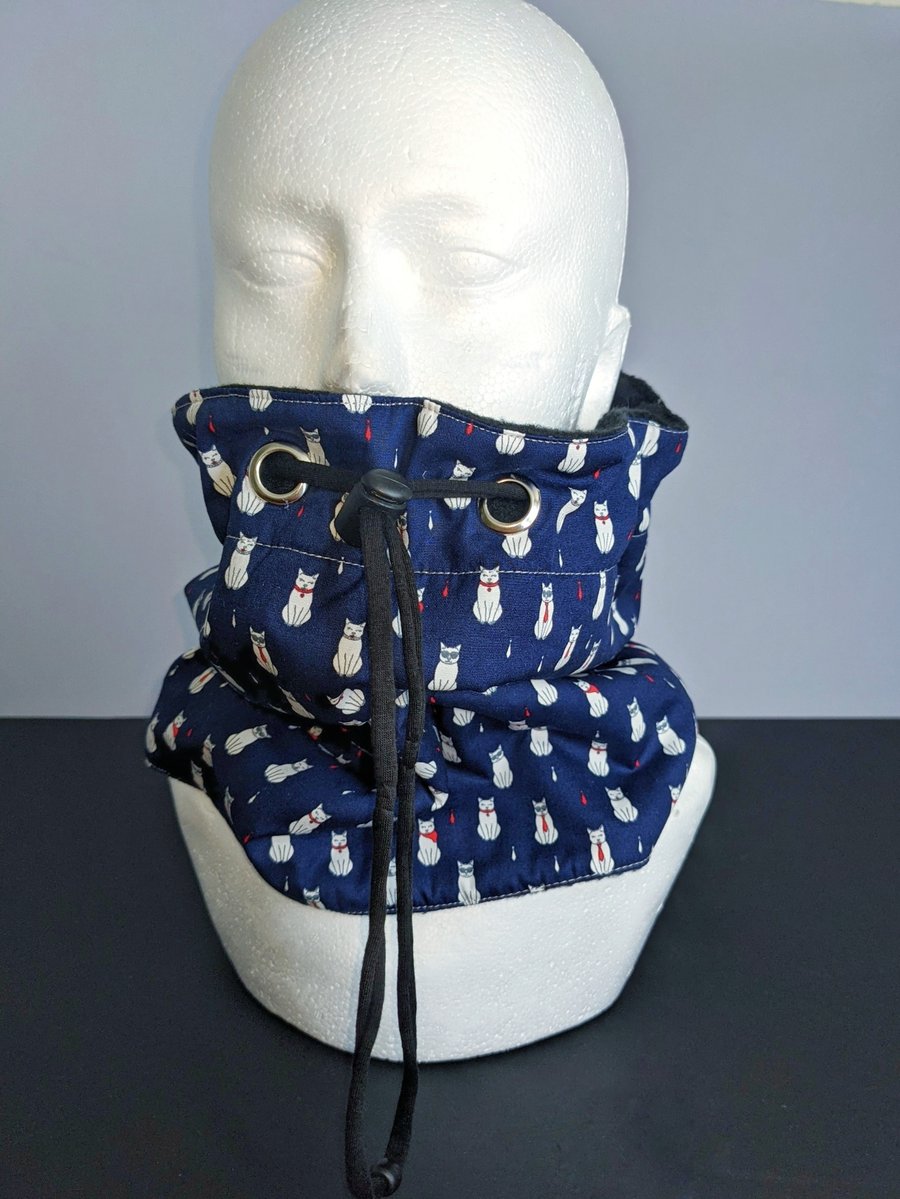 Navy and White Cat Print Fleece Lined Snood Neck Warmer