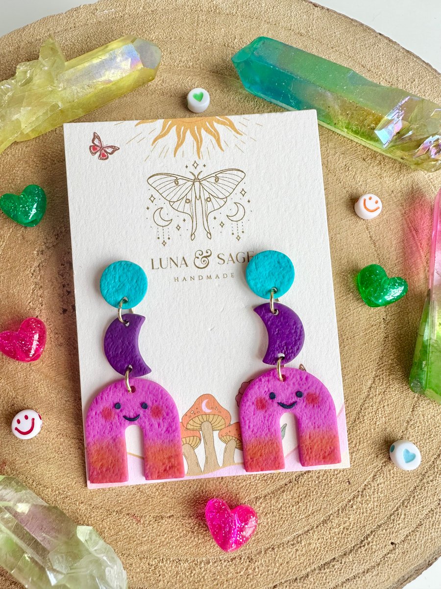 Rainbow smile Polymer Clay Earrings Happy statement earrings Gold Plated 