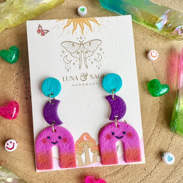 Rainbow smile Polymer Clay Earrings Happy statement earrings Gold Plated 