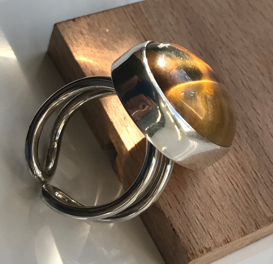 Unique Tigers Eye Gemstone and Sterling Silver Statement Ring