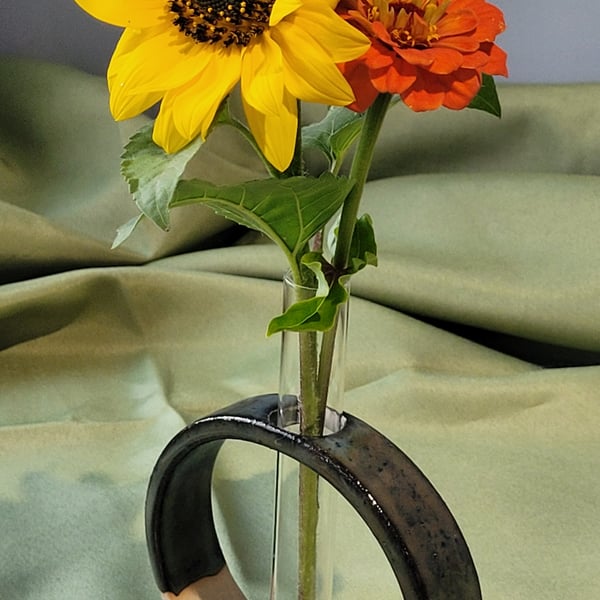 Blue green test tube stem vase handmade pottery