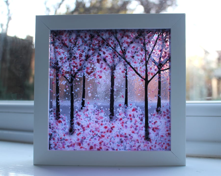 Seconds Sunday 15cm x 15cm Amazing Fused Glass Woodland Picture 'Lilac Blossom'