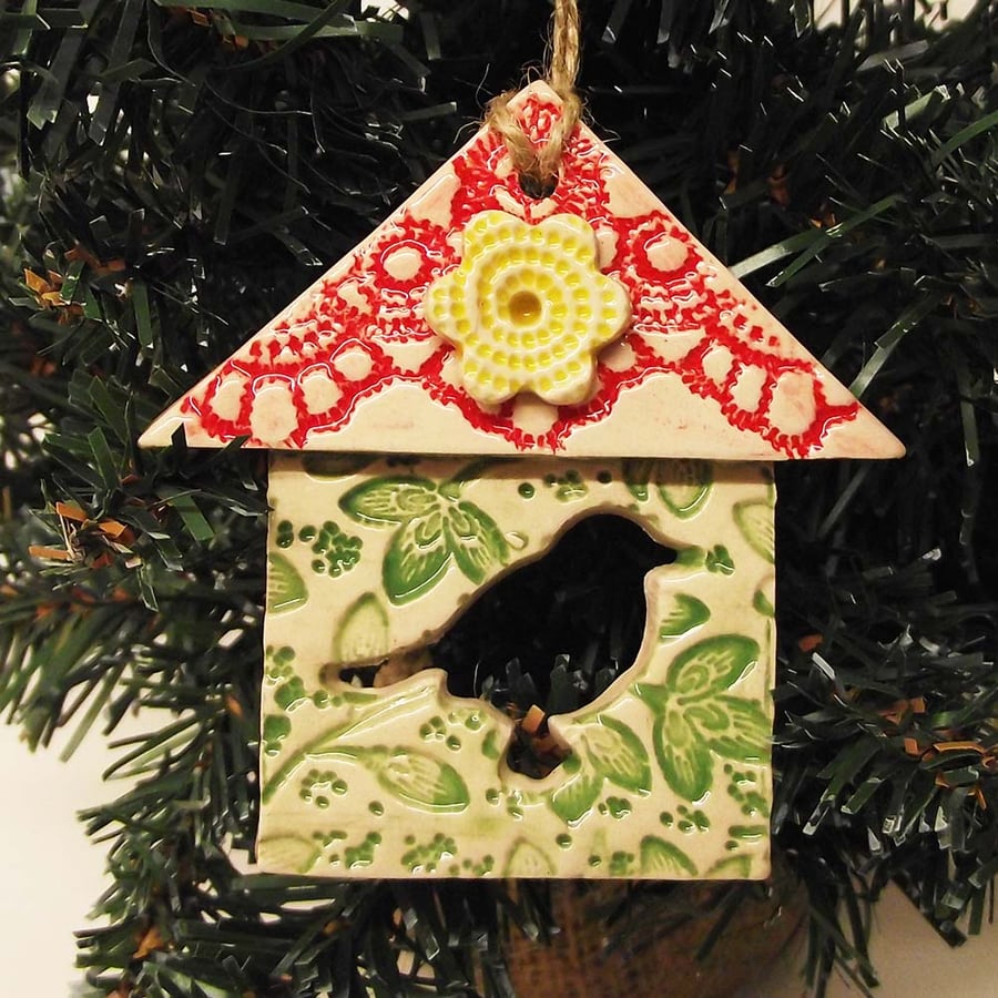 Small Ceramic bird house decoration Pottery Tree Garden