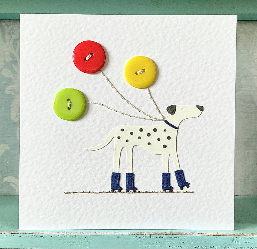 Hand Sewn Card. Dalmatian Card. Balloon Card. Birthday Card. Roller Skating Card