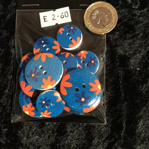 Craft Buttons Blue Orange Flowers (N.70)