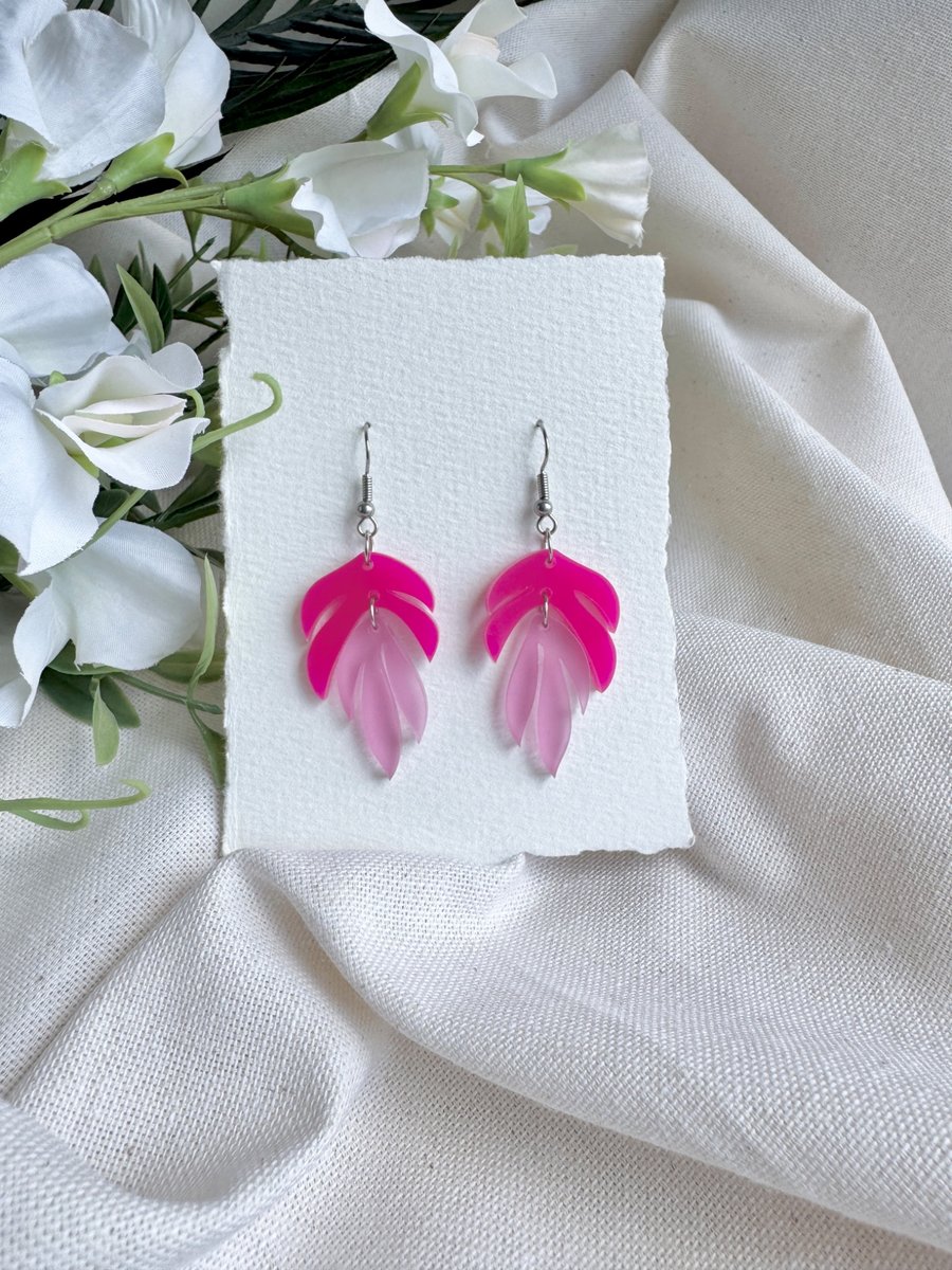 Pink Acrylic Leaf Earrings - Layered Translucent Ombre Dangles