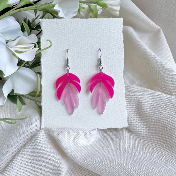 Pink Acrylic Leaf Earrings - Layered Translucent Ombre Dangles