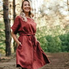 Linen Kaftan Dress with Pockets, Knee Length Linen Dress, Tie-Waist Dress