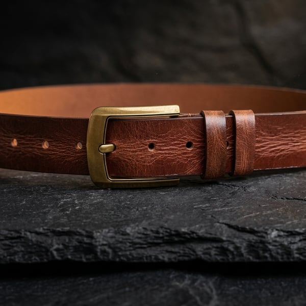 Cognac Brown Full Grain Vintage Leather Belt Heritage Brass Buckle Mens 38mm