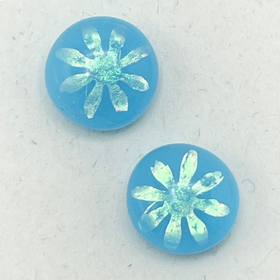 Blue Flower Dichroic Fused Glass Stud Earrings