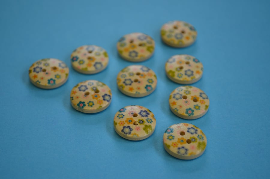 15mm Wooden Blue Green Yellow Floral Buttons Natural Wood 10pk Flowers (SNF4)