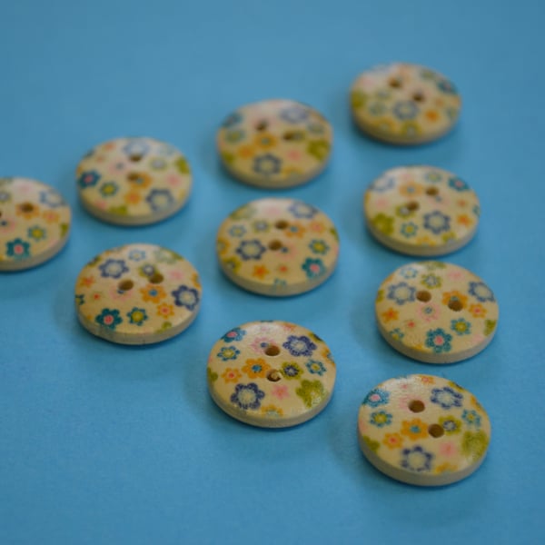 15mm Wooden Blue Green Yellow Floral Buttons Natural Wood 10pk Flowers (SNF4)