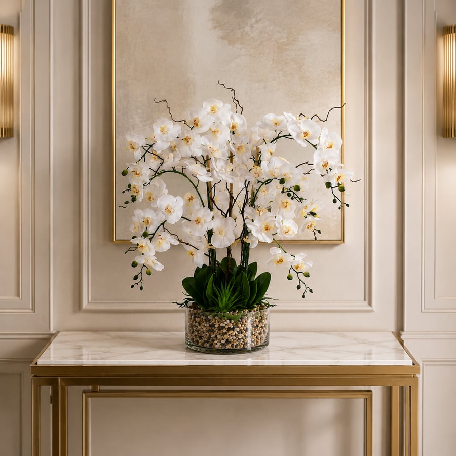 Luxury White Orchid Arrangement Gift Wrapped – Faux Orchid Centrepiece in Glass
