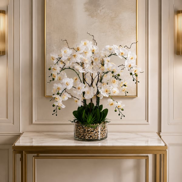 Luxury White Orchid Arrangement Gift Wrapped – Faux Orchid Centrepiece in Glass