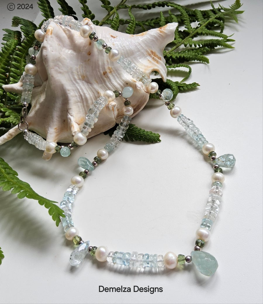 Designer Aquamarine, Green Apatite, Freshwater Pearl Sterling Silver Necklace