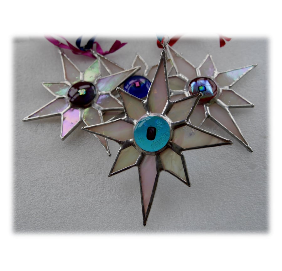 Shiny White Dichroic Star Stained Glass Suncatcher 002 Turquoise