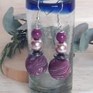Handmade polymer clay statement earrings in cerise and silver