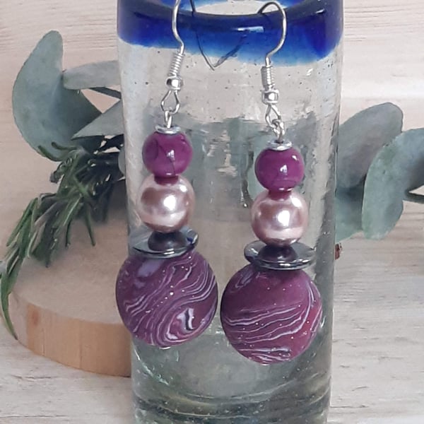 Handmade polymer clay statement earrings in cerise and silver