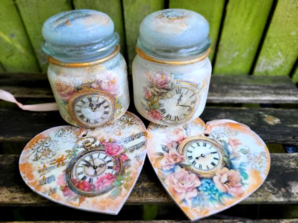 Handmade Shabby Chic Clock & Rose Set – Decoupage Lantern & 15cm Hanging Heart