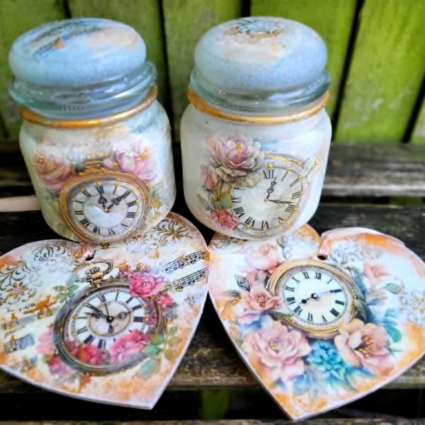 Handmade Shabby Chic Clock & Rose Set – Decoupage Lantern & 15cm Hanging Heart