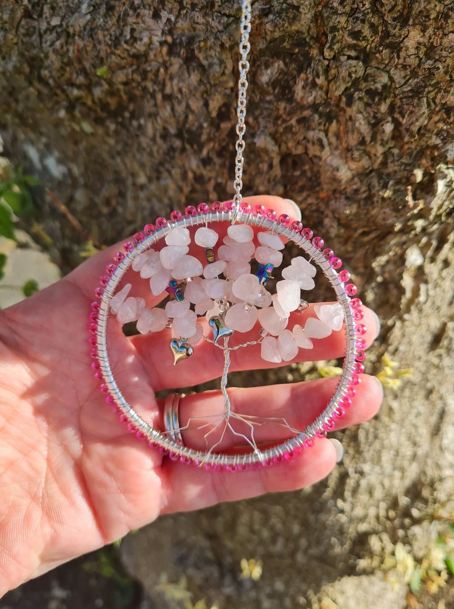 HANDMADE Tree of Life Rose Quartz Suncatcher