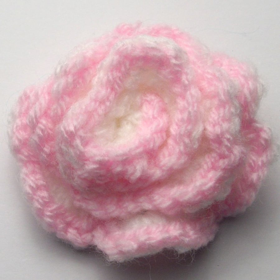 Pale Pink and White Crocheted Flower Brooch