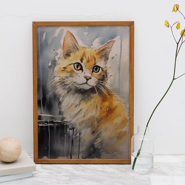 Ginger Cat, 5" x 7" Watercolor Painting Print, Adorable Feline Art