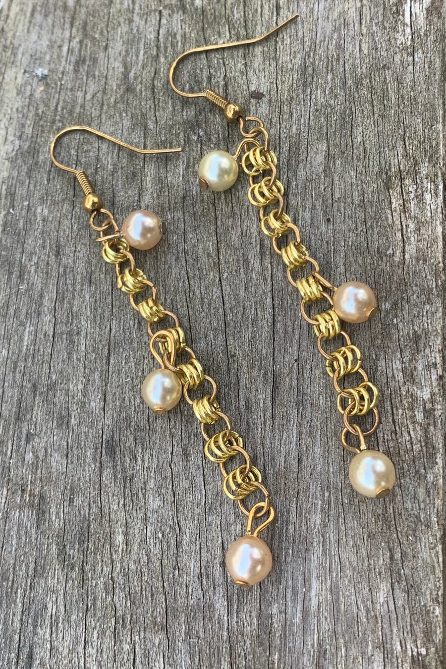 Glass pearl long gold chain mail earrings