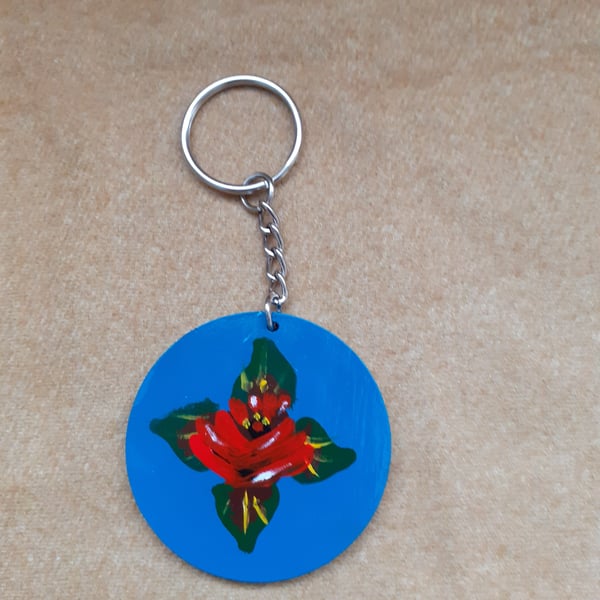 Bright blue keyring with canal art roses and daisy