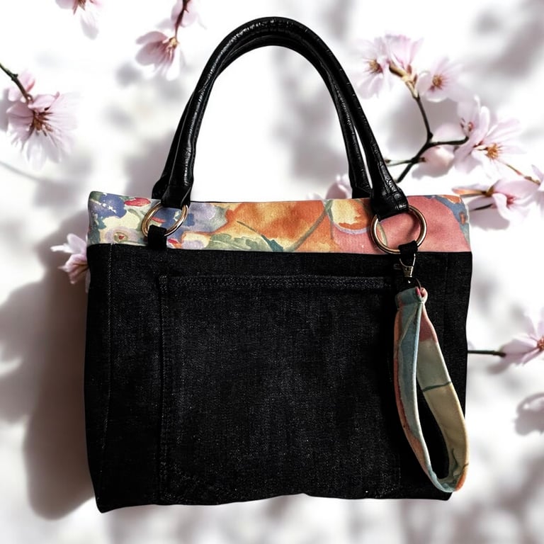 Upcycled handbag black denim and peach floral