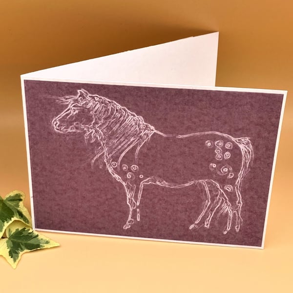 Greetings card, Welsh Pony or horse, 'blueprint style' purple grape colour. 