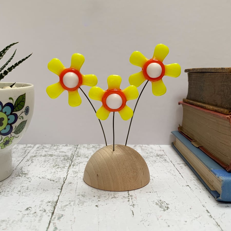 Fused Glass Happy Hippy Flowers (Yellow7) - Handmade Fused Glass Sculpture