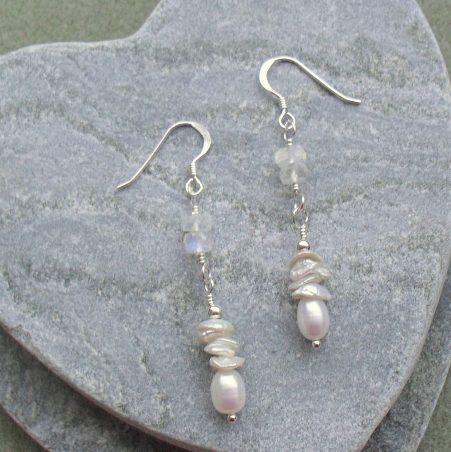 Freshwater Pearls Keishi Pearls and Moonstone Sterling Silver Earrings