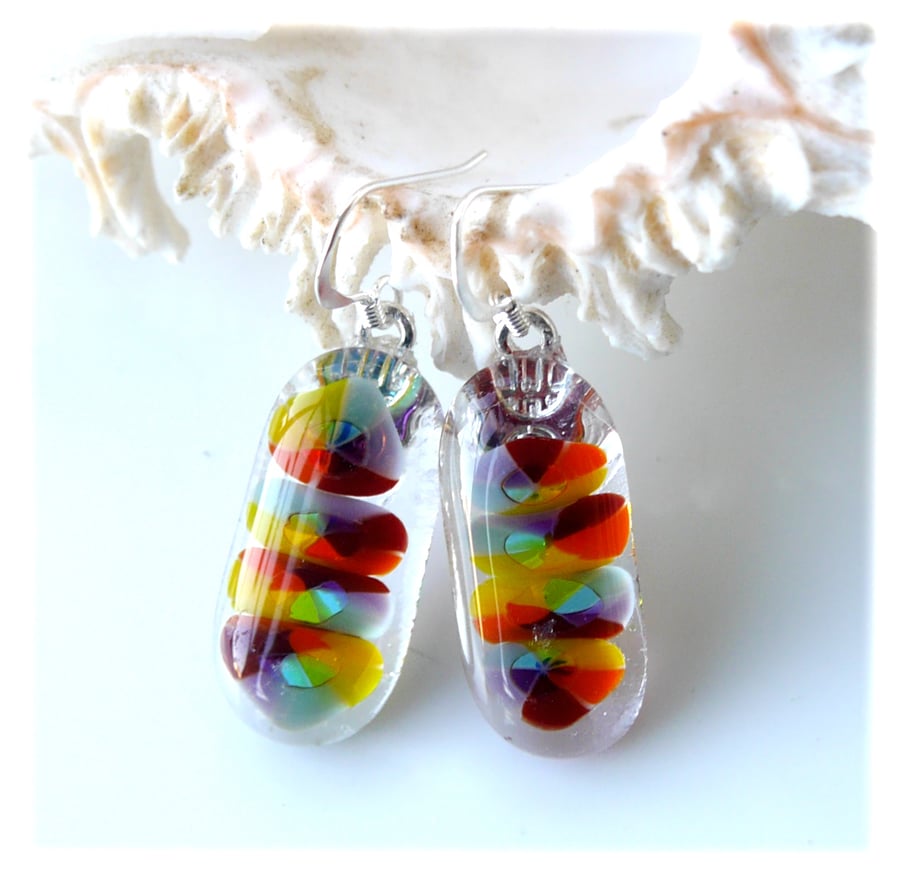 Earrings Fused Glass Millefioiri Handmade M003 Rainbow Flowers