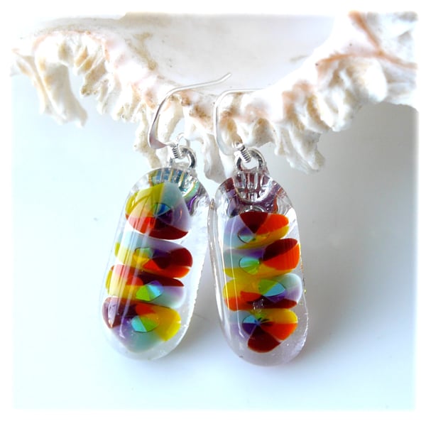 Earrings Fused Glass Millefioiri Handmade M003 Rainbow Flowers