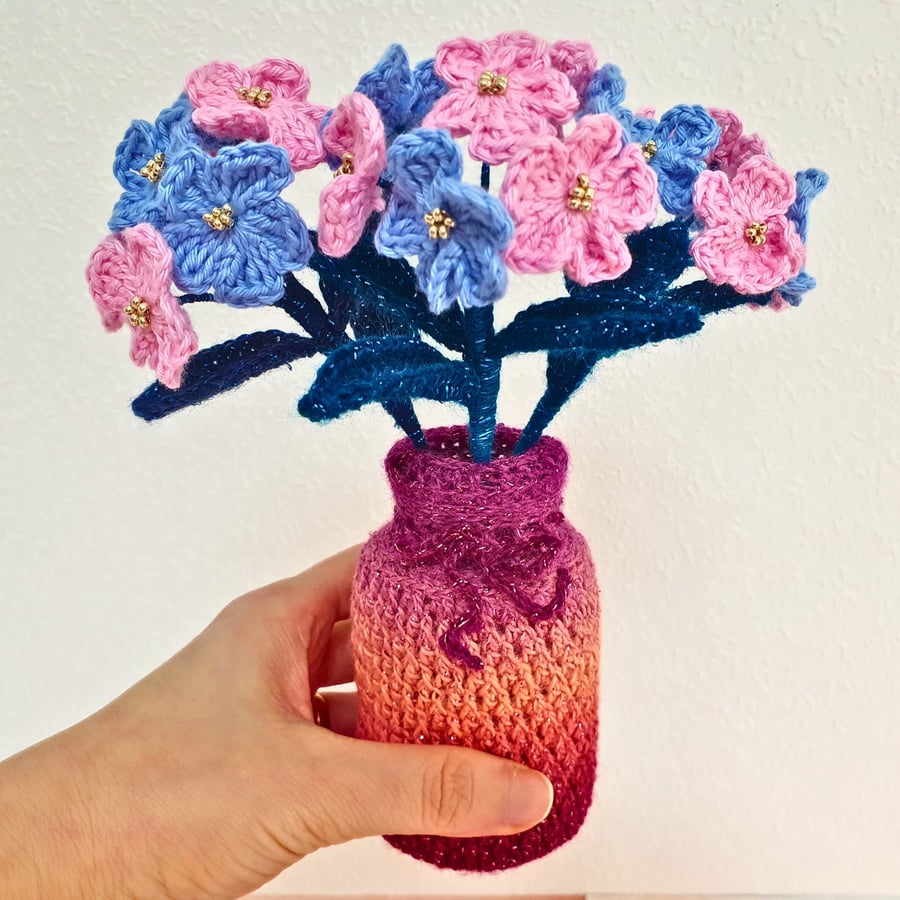 Crochet Forget Me Not Flowers & Vase, September Birth Flower, Pastel Pink & Blue
