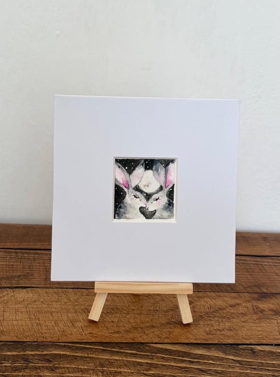 Mounted Original Kissing Hares under the Moon Whimsical Fairytale Art 